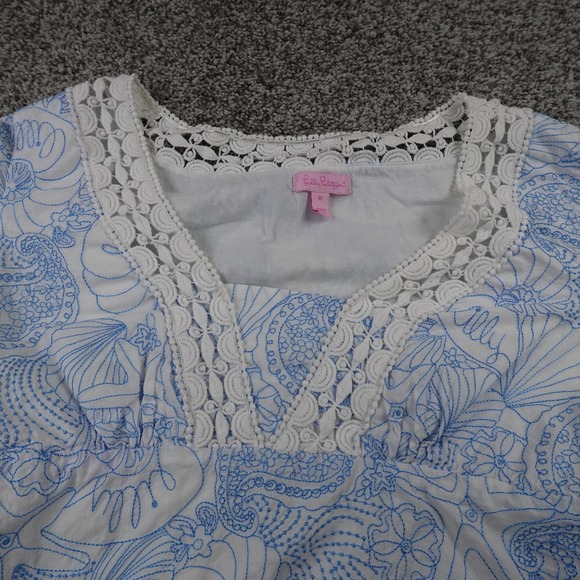 Lilly Pulitzer Dress Womens 10 White Blue Embroidered Sea Life Lace Trim V Neck - Picture 2 of 10